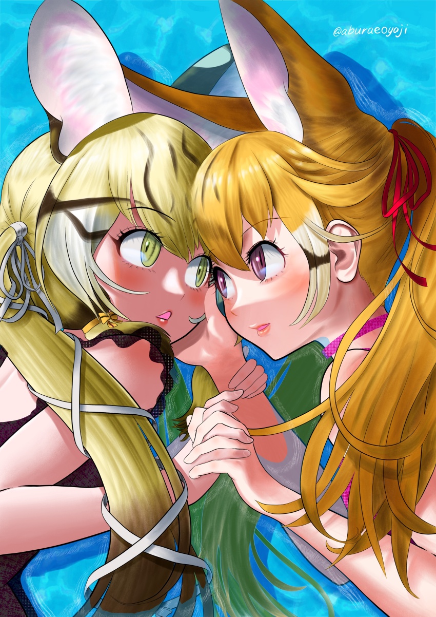 2girls absurdres aburaeoyaji animal_ears blue_background blue_eyes brown_hair cat_ears cat_girl extra_ears geoffroy&#039;s_cat_(kemono_friends) green_eyes grey_hair highres kemono_friends kemono_friends_v_project large-spotted_genet_(kemono_friends) long_hair multiple_girls ribbon simple_background swimsuit twintails upper_body virtual_youtuber water