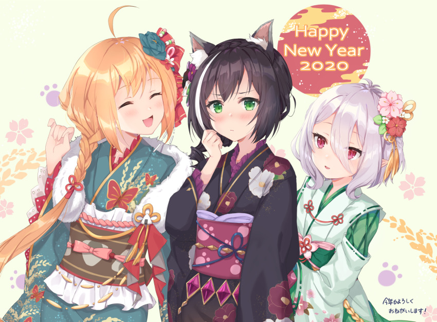 2020 3girls :d ^_^ ahoge animal_ear_fluff animal_ears antenna_hair bad_id bad_pixiv_id black_hair black_kimono blue_flower blue_kimono blush brown_hair cat_ears closed_eyes commentary_request floral_print flower green_background green_eyes green_kimono hair_between_eyes hair_flower hair_ornament hands_up happy_new_year japanese_clothes karyl_(new_year)_(princess_connect!) karyl_(princess_connect!) kimono kokkoro_(new_year)_(princess_connect!) kokkoro_(princess_connect!) kon_(k0n16) long_hair long_sleeves multicolored_hair multiple_girls new_year obi open_mouth parted_lips pecorine_(new_year)_(princess_connect!) pecorine_(princess_connect!) pink_flower pointy_ears princess_connect! print_kimono purple_flower red_eyes red_flower sash smile streaked_hair very_long_hair white_flower white_hair wide_sleeves