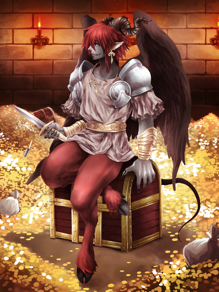 1boy absurdres animal_ears beard candle colored_skin dagger demon demon_boy demon_horns demon_tail facial_hair feathered_wings feathers food_fighter_441 goat_ears grey_skin highres hooves horns jewelry key knife male_focus money nail_polish necklace original pectorals purple_eyes red_hair sitting solo tail teeth treasure_chest weapon wings