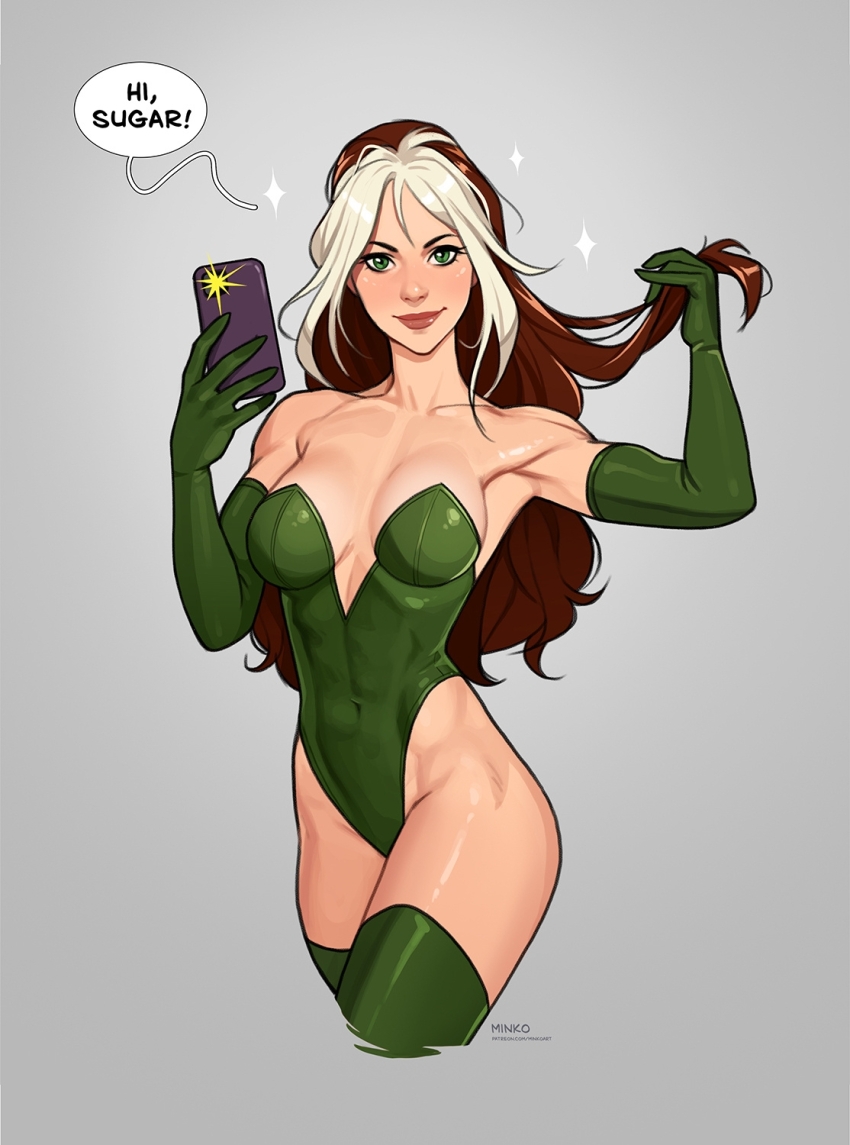 1girl alternate_costume artist_name breasts brown_hair cellphone closed_mouth covered_navel cropped_legs elbow_gloves english_text gloves grabbing_own_hair green_eyes green_gloves green_leotard green_thighhighs grey_background hands_up highleg highleg_leotard highres holding holding_phone leotard lips lipstick long_hair looking_at_viewer makeup marvel medium_breasts multicolored_hair muscular muscular_female naughty_face olena_minko patreon_username phone pink_lips red_lips rogue_(x-men) simple_background smartphone smile solo sparkle speech_bubble standing strapless strapless_leotard superhero_costume talking thighhighs two-tone_hair watermark web_address white_hair x-men