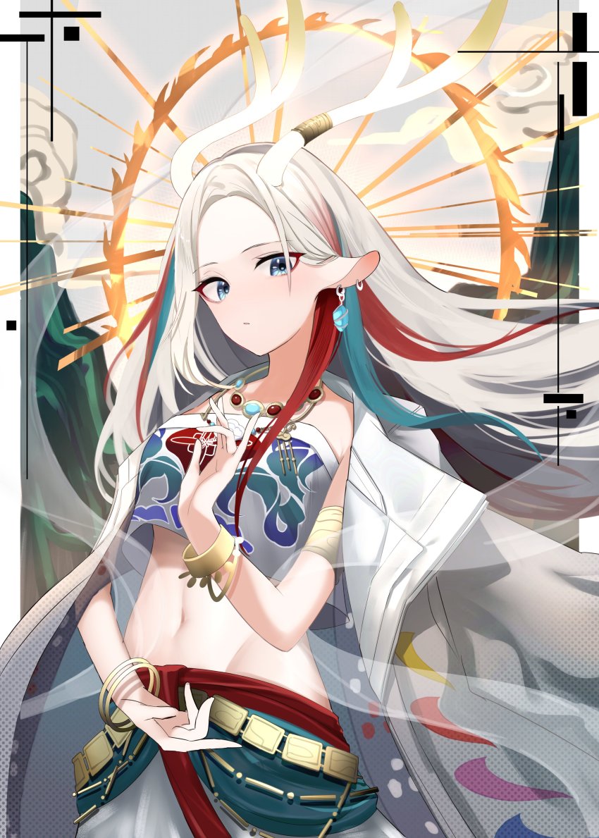 a_deer_of_nine_colors absurdres animal_ears antler_ornament antler_ring antlers arknights armlet asumi_maboroshi blue_eyes deer_antlers deer_ears deer_girl earrings forehead halo highres horns jewelry long_hair looking_at_viewer midriff multicolored_hair navel necklace nine-colored_deer shirt skirt strapless strapless_shirt streaked_hair white_hair white_skirt