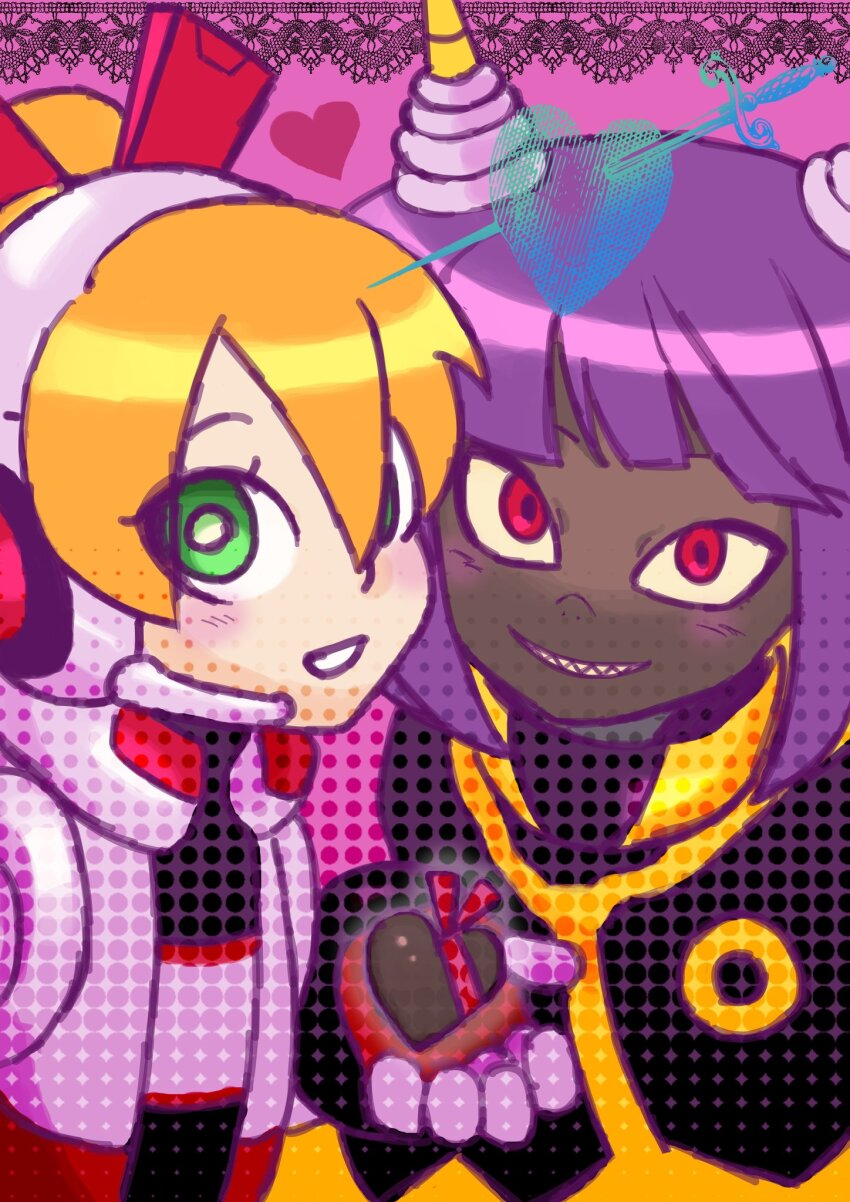 2girls arrow_through_heart black_cape blonde_hair blush bob_cut call_(mighty_no._9) candy cape chocolate chocolate_heart commentary_request dark-skinned_female dark_skin dynatron_(mighty_no._9) fingerless_gloves food gloves green_eyes grin hair_between_eyes headphones headset heart highres holding holding_chocolate holding_food horns jacket long_hair looking_at_viewer mighty_no._9 multicolored_jacket multiple_girls pink_background ponytail purple_hair red_eyes red_jacket robot robot_girl sharp_teeth short_hair simple_background smile sword takenokonoko teeth two-tone_cape two-tone_jacket valentine very_dark_skin weapon white_jacket yellow_cape yellow_horns