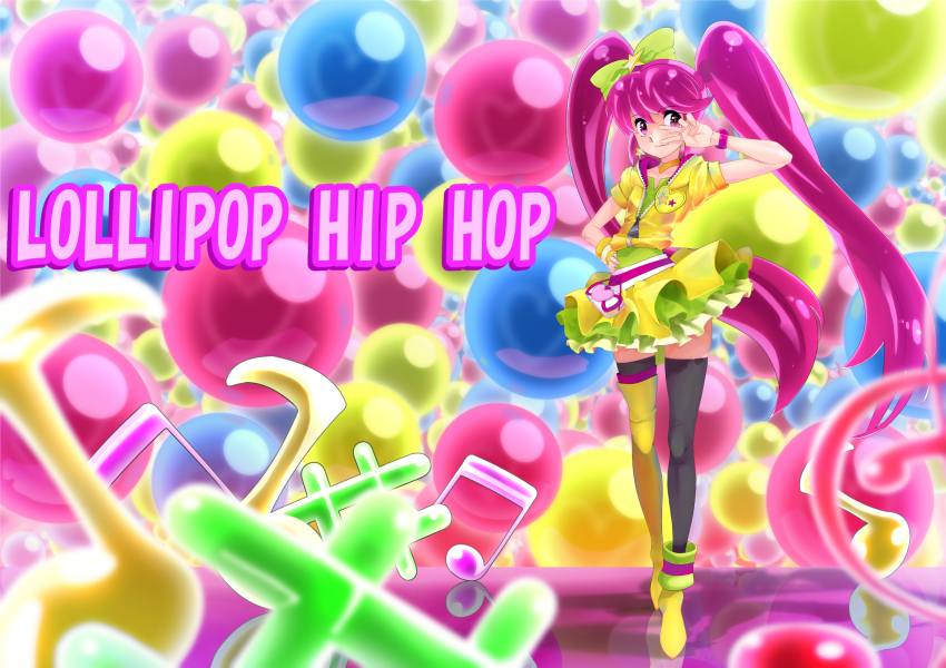 10s 1girl aino_megumi alternate_form asymmetrical_footwear bow brooch bubble colorful cure_lovely cure_lovely_(lollipop_hip_hop) earrings female_focus full_body hair_bow hand_on_own_hip happinesscharge_precure! heart heart_brooch highres hood hoodie jewelry long_hair magical_girl mismatched_footwear multicolored_background musical_note nukosann pink_eyes pink_hair precure skirt smile solo standing star_(symbol) star_earrings thighhighs twintails v wrist_cuffs yellow_skirt