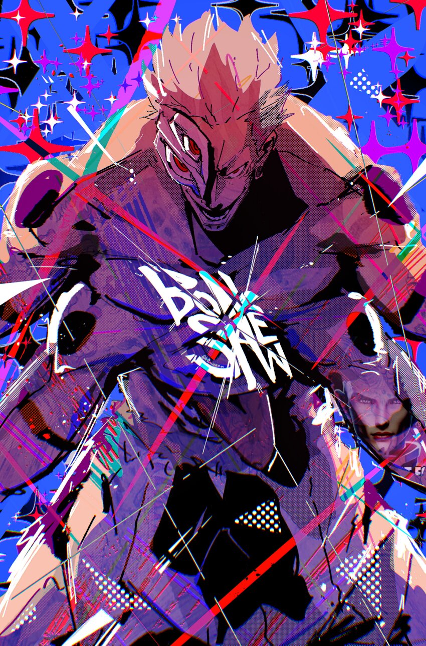 1boy absurdres arm_tattoo artist_name baggy_pants blue_background bonesaw_(rdkshinku) cameo cowboy_shot ear_piercing extra_arms extra_eyes extra_mouth four_eyes highres jujutsu_kaisen male_focus meme_inset muscular muscular_male open_mouth pants piercing pink_hair plug_(piercing) red_eyes ringed_eyes ryoumen_sukuna_(jujutsu_kaisen) ryoumen_sukuna_(true_form)_(jujutsu_kaisen) short_hair shoulder_tattoo smile solo sparkle spiked_hair stomach_mouth tattoo tongue_out_of_stomach topless_male
