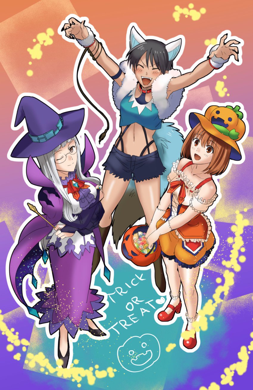 3girls :d abstract_background absurdres animal_collar animal_ears aono_shimo aono_sumio black_eyes black_hair blunt_bangs breast_hold breasts brown_eyes brown_hair candy choker collar copyright_name corset costume crop_top crossed_arms dark-skinned_female dark_skin denim denim_shorts empty_eyes fake_animal_ears fake_tail fate/grand_order fate/hollow_ataraxia fate/stay_night fate_(series) fingernails food fur_trim glasses grey_hair halloween hat highres himuro_kane jack-o&#039;-lantern long_fingernails long_hair looking_at_viewer makidera_kaede midriff multiple_girls nail_polish navel official_art one_eye_closed open_mouth outstretched_arms pencil_skirt pumpkin pumpkin_hat saegusa_yukika sharp_fingernails short_hair shorts skirt sleeveless smile tail tan trick_or_treat wand witch_hat
