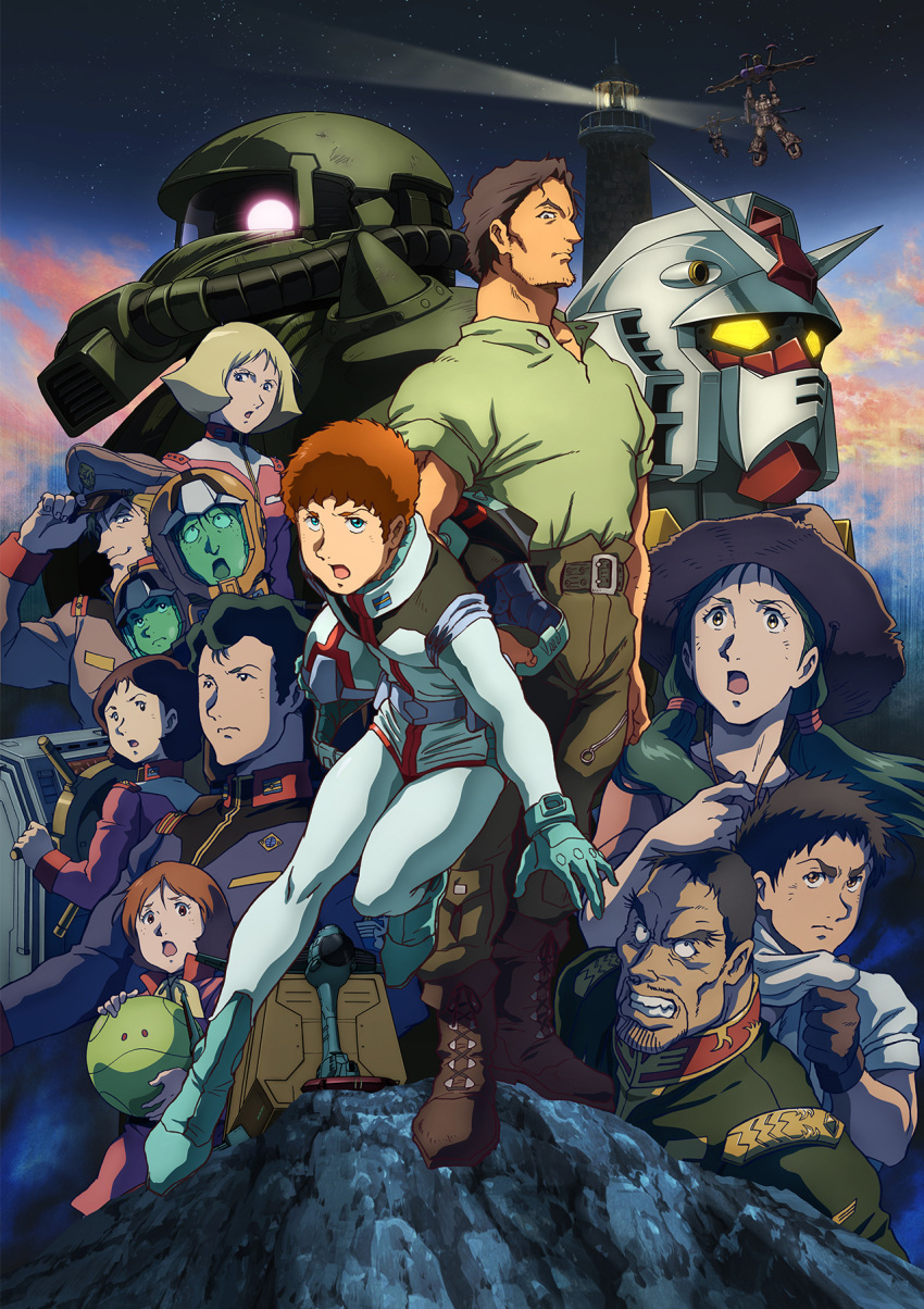 blonde_hair blue_eyes blue_gloves bright_noa brown_hair cara_(doan&#039;s_island) cloud cucuruz_doan egba_alter facial_hair flying fraw_bow gloves glowing glowing_eye glowing_eyes goatee green_hair green_jacket grey_headwear grey_shirt gundam hair_behind_ear haro hayato_kobayashi helmet highres holding holding_helmet jacket kai_shiden key_visual lighthouse looking_at_viewer looking_up luggun marcos_(doan&#039;s_island) mecha mecha_pilot_suit military military_uniform mirai_yashima mobile_suit mobile_suit_gundam mobile_suit_gundam:_cucuruz_doan&#039;s_island normal_suit_(gundam) official_art one-eyed promotional_art robot sayla_mass shirt sky sleggar_law unworn_headwear unworn_helmet v-shaped_eyebrows zeon