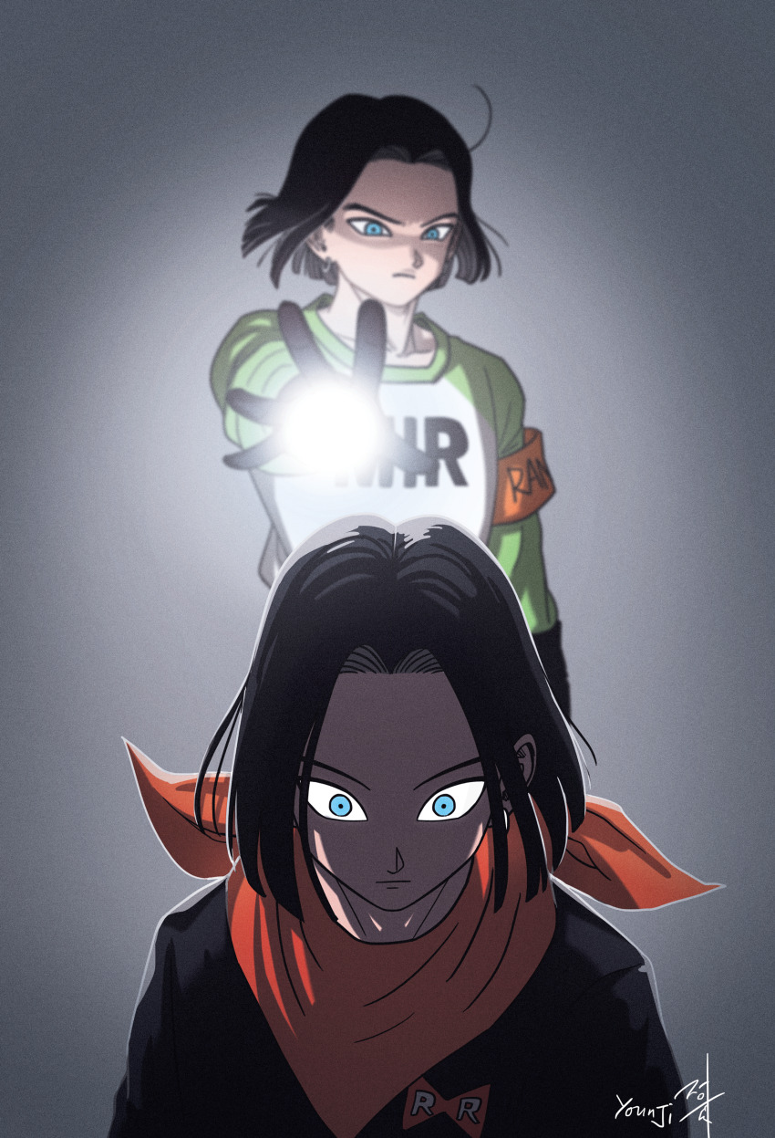 2boys absurdres android android_17 armband black_gloves black_hair black_shirt blue_eyes blunt_ends blurry blurry_background closed_mouth commentary creamdonut dragon_ball dragon_ball_super dragonball_z dual_persona earrings energy_ball english_commentary floating_hair gloves grey_background highres hoop_earrings incoming_attack jewelry looking_at_another male_focus medium_hair multiple_boys neckerchief orange_armband orange_neckerchief parted_hair red_ribbon_army shirt signature silver_earrings upper_body wide-eyed