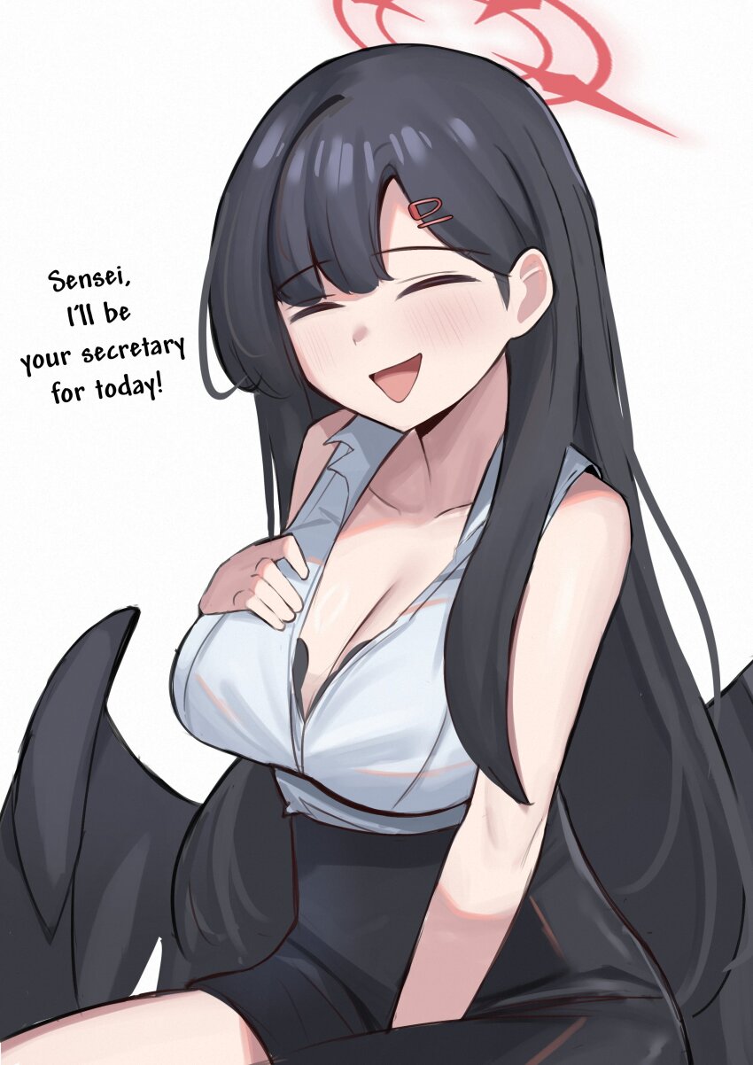 absurdres black_hair blazer blue_archive blunt_bangs blush bra bra_peek breasts closed_eyes english_text hair_ornament hairclip halo hand_on_own_chest highres ichika_(blue_archive) iog626 jacket large_breasts long_hair office_lady open_mouth pencil_skirt skirt underwear wings