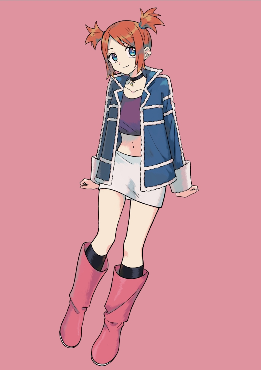 1girl aqua_eyes black_choker black_socks blue_jacket boots choker closed_mouth collarbone commentary_request full_body highres ittumozzz jacket kneehighs long_sleeves looking_at_viewer navel nintendo open_clothes open_jacket orange_hair pink_background pink_boots pokemon pokemon_colosseum purple_shirt rui_(pokemon) shirt skirt smile socks solo two_side_up white_skirt