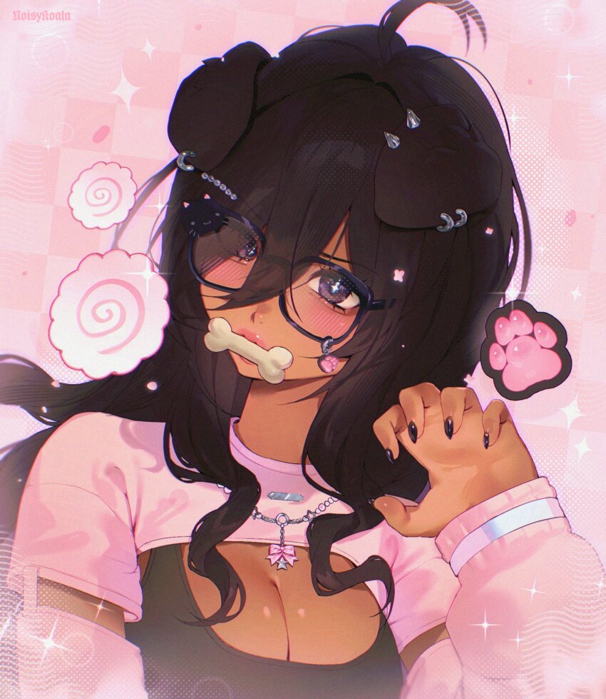 1girl aegyo_sal ahoge animal_ear_piercing animal_ears artist_name black-framed_eyewear black_nails black_tank_top blurry bone_in_mouth bow_necklace breasts bright_pupils brown_eyes brown_hair checkered_background claw_pose cleavage commentary commission cross-shaped_pupils dark-skinned_female dark_skin depth_of_field detached_sleeves dog_ears dog_girl double-parted_bangs english_commentary eyelashes eyes_visible_through_hair film_grain floating_food floppy_ears food hair_between_eyes hair_ornament hair_over_shoulder hairclip halftone highres jewelry kamaboko light_blush long_hair looking_at_viewer medium_breasts mouth_hold nail_polish narutomaki necklace noisykoala original paw_print paw_print_background pearl_necklace petals pink_background pink_lips pink_shrug pink_sleeves pink_theme portrait short_sleeves shrug_(clothing) sleeves_past_wrists sparkle spiked_ear_piercing symbol-shaped_pupils tank_top thick_lips wavy_ends white_pupils