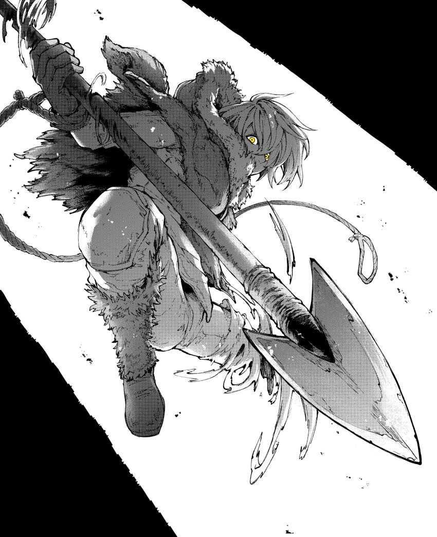 1boy absurdres amputee boots cloak from_below from_side full_body fumetsu_no_anata_e fur-trimmed_hood fur_cloak fur_trim fushi gloves hair_between_eyes hashtag-only_commentary highres holding holding_polearm holding_weapon hood hood_down hooded_cloak incoming_attack itabasami jumping knee_boots knee_pads long_sleeves looking_at_viewer male_focus materializing monochrome noose pants pelt polearm rope short_hair solo spear spread_legs weapon yellow_eyes