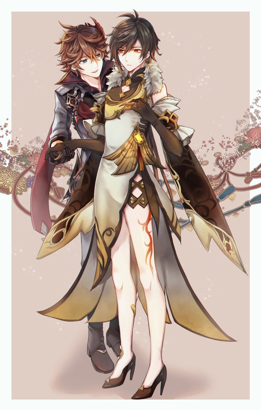 2boys ahoge antenna_hair black_boots black_gloves black_shoes blue_eyes boots border brown_background brown_eyes brown_gloves brown_hair cape china_dress chinese_clothes claw_ring cleavage_cutout closed_mouth clothing_cutout collared_shirt commentary_request cosplay crossdressing crossdressing_(mtf) crossed_bangs detached_sleeves dress earrings elbow_gloves flower frilled_sleeves frills frown genshin_impact gloves gradient_hair grey_jacket grey_pants hair_between_eyes high_heels highres holding_hands iru_gnsn jacket jewelry leg_tattoo long_hair long_sleeves looking_at_another low_ponytail male_focus mandarin_collar mask mask_on_head multicolored_hair multiple_boys ningguang_(genshin_impact) ningguang_(genshin_impact)_(cosplay) orange_hair pants parted_lips ponytail popped_collar red_cape red_mask red_shirt shirt shoes short_hair single_earring sleeveless sleeveless_dress smile standing tartaglia_(genshin_impact) tassel tassel_earrings tattoo very_long_hair vision_(genshin_impact) white_border white_dress wide_sleeves yaoi yellow_dress zhongli_(genshin_impact)
