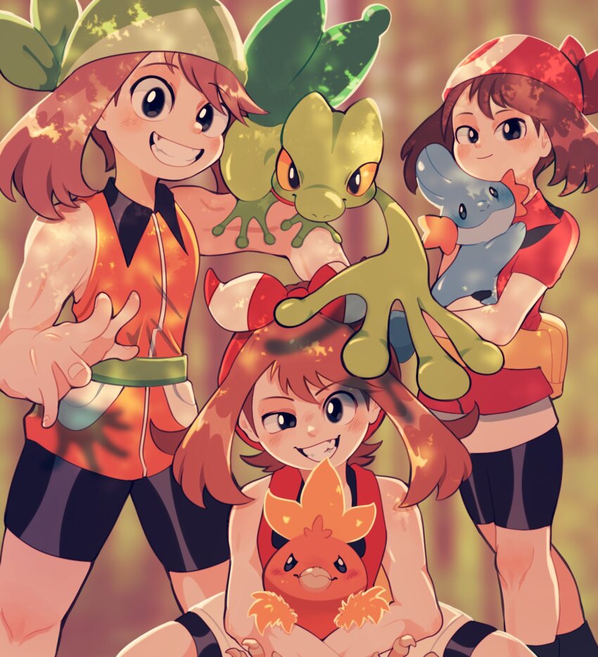 3girls bandana bare_shoulders bike_shorts black_eyes black_shorts bow brown_hair clem_(calmeremerald) commentary english_commentary fanny_pack gen_3_pokemon green_bandana hair_bow highres holding holding_pokemon looking_at_viewer may_(pokemon) mudkip multiple_girls multiple_persona nintendo orange_shirt pokemon pokemon_(creature) pokemon_emerald pokemon_on_arm pokemon_oras pokemon_rse red_bandana red_bow red_shirt shirt short_sleeves shorts sleeveless sleeveless_shirt smile teeth torchic treecko