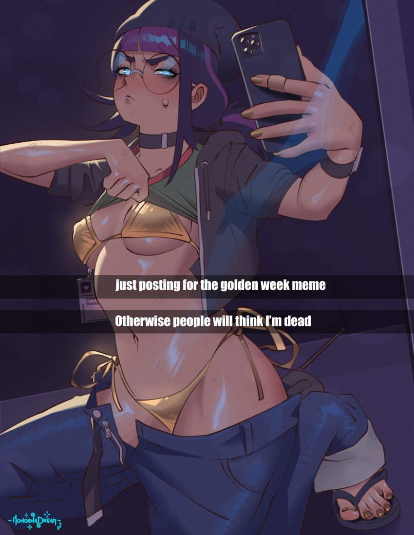 &gt;:( 1girl absurdres annoyed aqua_eyes artist_logo beanie belt belt_collar bikini black_belt black_collar black_hat black_hoodie black_sandals blue_pants blunt_bangs breasts clothes_lift clothes_pull collar commentary cropped_hoodie denim drawstring english_commentary english_text flip-flops gold_bikini gold_nails gold_ring green_shirt grey-framed_eyewear hat highres holding holding_phone hood hoodie indoors jeans lifting_own_clothes light_blush logo long_hair looking_at_viewer low_ponytail mirror mirror_selfie mohoshadream multicolored_hair no_pupils open_belt open_clothes open_hoodie original pants pants_pull phone ponytail purple_hair round_eyewear sandals selfie shirt shirt_lift small_breasts solo spaghetti_strap sweatdrop swimsuit two-tone_hair v-shaped_eyebrows watch wristwatch