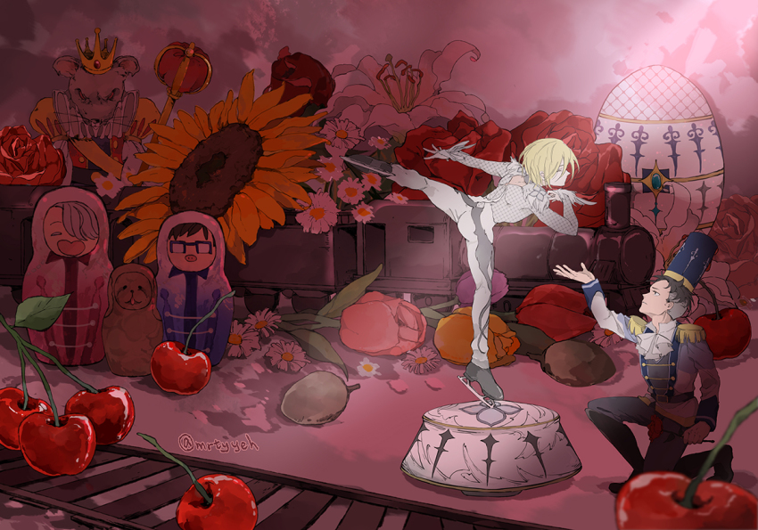 10s 2boys arm_up ascot black_hair blonde_hair bodysuit character_doll cherry closed_eyes crown daisy epaulettes faberge_egg flower food fruit hat holding holding_flower ice_skates katsuki_yuuri leg_lift leg_up lily_(flower) long_sleeves looking_at_another makkachin male_focus matryoshka_doll mouse_(animal) multiple_boys neck_ruff on_one_knee otabek_altin oversized_object pants pink_flower pink_rose puff_and_slash_sleeves puffy_sleeves railroad_tracks red_flower red_rose rose scepter skates split standing standing_on_one_leg sunflower the_nutcracker train tulip twitter_username viktor_nikiforov yellow_flower yellow_rose you_(gay322k) yuri!!!_on_ice yuri_plisetsky