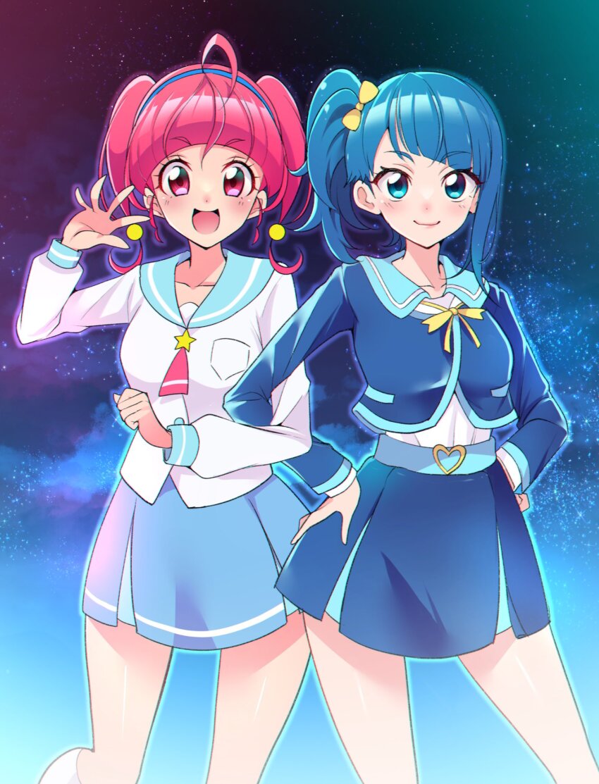 ahoge belt blue_eyes blue_hair blue_headband blue_sailor_collar blue_skirt breast_pocket earrings hands_on_own_hips headband highres hirogaru_sky!_precure hoshina_hikaru in-franchise_crossover jewelry long_hair long_sleeves mihoshi_middle_school_uniform mitsuki_tayura pink_eyes pink_hair pocket precure sailor_collar school_uniform serafuku side_ponytail single_sidelock skirt sora_harewataru sorashido_academy_school_uniform star_twinkle_precure twintails