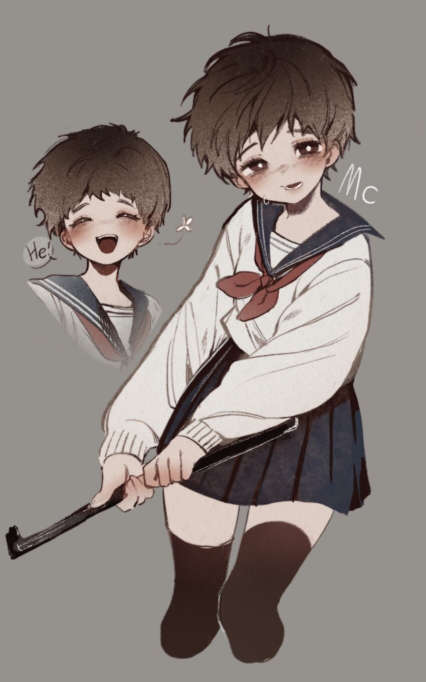 1girl brown_eyes brown_hair brown_thighhighs commentary_request cropped_legs crowbar grey_background heroine_(homicipher) highres holding holding_crowbar homicipher korean_commentary looking_at_viewer multiple_views school_uniform serafuku short_hair simple_background skirt sweeeet_him thighhighs