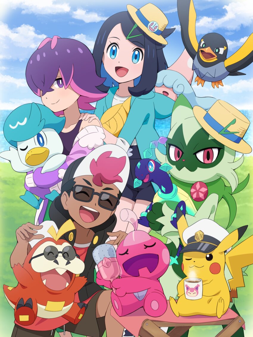 1boy 2girls absurdres black_hair blue_eyes blue_hair blush captain_pikachu closed_eyes closed_mouth cowlick dark-skinned_male dark_skin dot_(pokemon) eyelashes floragato fuecoco gen_1_pokemon gen_8_pokemon gen_9_pokemon hair_ornament hair_over_eyes hairclip hat hatenna highres holding jacket liko_(pokemon) long_sleeves multicolored_hair multiple_girls nintendo one_eye_closed open_clothes open_mouth pants pikachu pink_hair pokemoa pokemon pokemon_(anime) pokemon_(creature) pokemon_horizons purple_eyes purple_hair quaxly roy_(pokemon) shirt short_hair short_sleeves shorts smile sunglasses terapagos terapagos_(normal) tinkatink two-tone_hair wattrel white_shirt