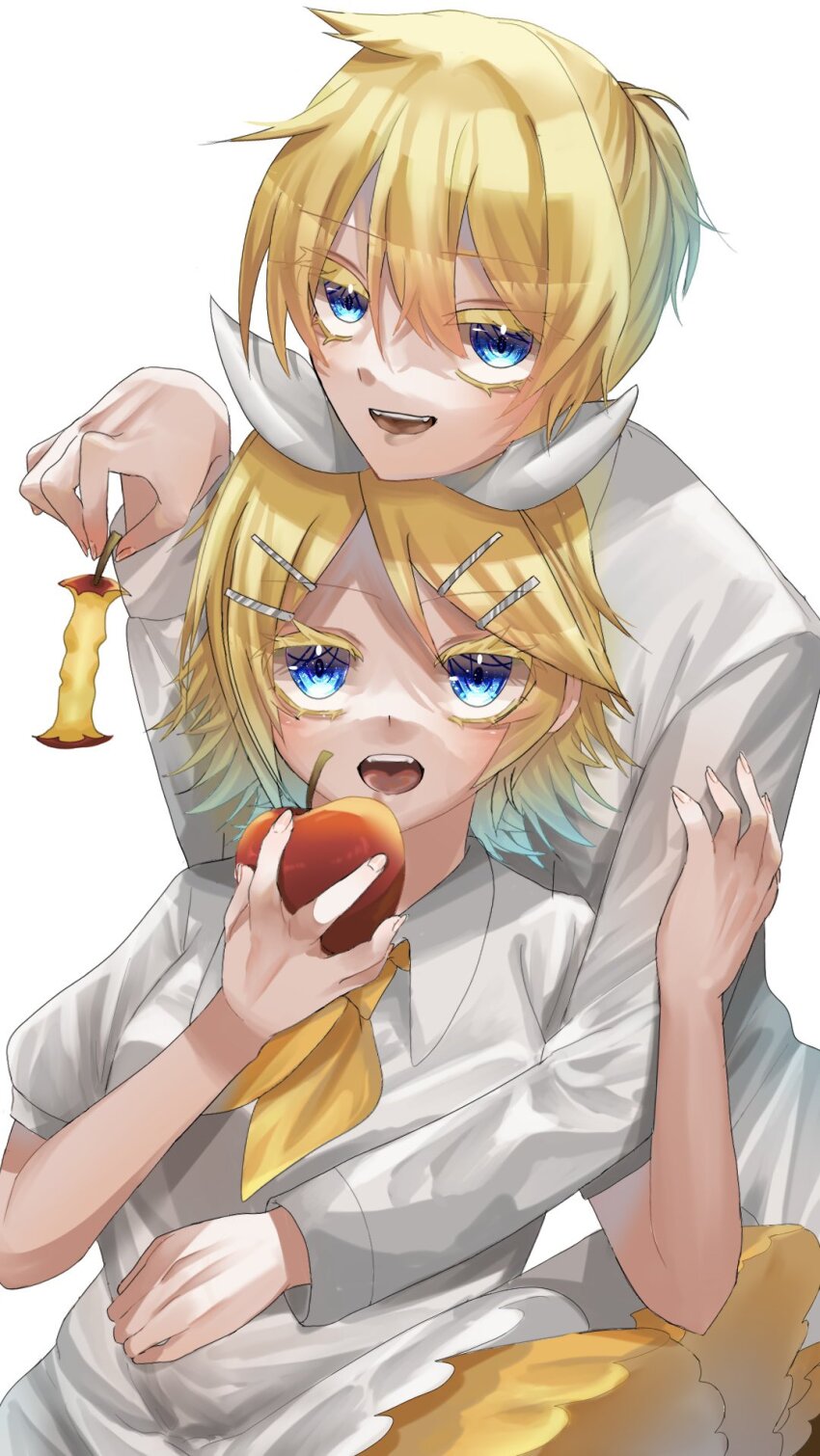 apple apple_core arm_around_shoulder blonde_hair blue_eyes bow brother_and_sister collared_dress colored_eyelashes dress evillious_nendaiki food fruit gretel_(evillious_nendaiki) hair_between_eyes hair_bow hair_ornament hairclip hand_on_another&#039;s_arm hand_on_another&#039;s_stomach hansel_(evillious_nendaiki) highres holding holding_food holding_fruit hug hug_from_behind imminent_bite kagamine_len kagamine_rin kei_(3o4xxwcc5nksquy) long_sleeves neckerchief okizari_tsukiyo_shou_(vocaloid) open_mouth ponytail shirt short_ponytail short_sleeves siblings smile swept_bangs twins vocaloid white_bow white_dress white_shirt yellow_neckerchief