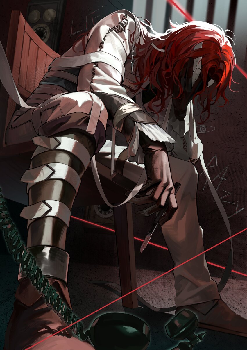 1boy absurdres aleph_(reverse:1999) black_gloves black_shoes cheongdan_t corded_phone covering_face dark full_body gloves hand_on_own_face highres holding_scalpel indoors jacket laser leaning_forward long_hair male_focus on_chair pants phone red_hair reverse:1999 scalpel shoes sitting solo white_jacket white_pants