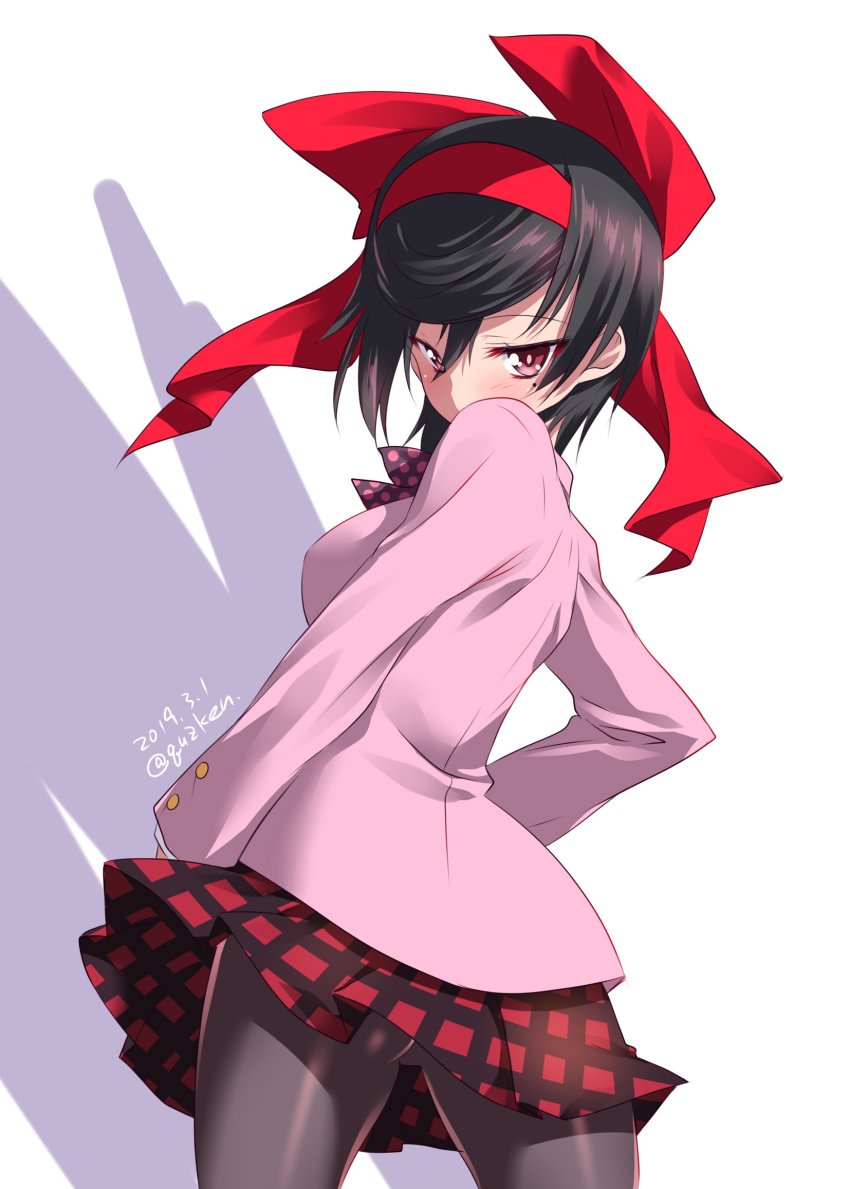 1girl black_hair black_pantyhose blazer blush bow bowtie commentary covered_mouth cowboy_shot dated dress_shirt female_focus from_behind girls_und_panzer girls_und_panzer_ribbon_no_musha hair_bow hair_ribbon highres jacket kuzuryuu_kennosuke large_bow light_blush long_sleeves looking_at_viewer looking_back miniskirt mole mole_under_eye one-hour_drawing_challenge pantyhose pink_bow pink_bowtie plaid_clothes plaid_skirt pleated_skirt polka_dot_neckwear purple_jacket red_bow red_eyes red_ribbon red_skirt ribbon school_uniform shirt short_hair skirt solo standing tatenashi_high_school_uniform tsuruki_shizuka twitter_username white_background white_shirt wind wind_lift