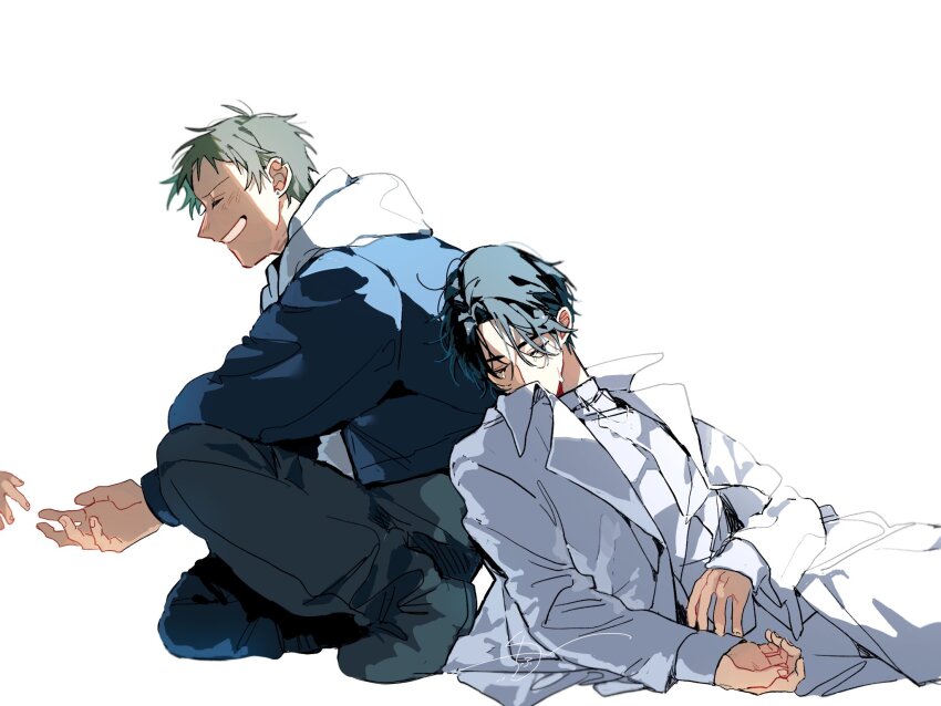 1other 2boys alien_stage black_boots black_hair black_pants boots chi_fuyu closed_eyes coat commentary grey_hair hashtag-only_commentary highres hood hoodie ivan_(alien_stage) jacket leaning_on_person long_sleeves male_focus multiple_boys on_one_knee pants shirt short_hair signature smile till_(alien_stage) very_short_hair white_coat white_pants white_shirt