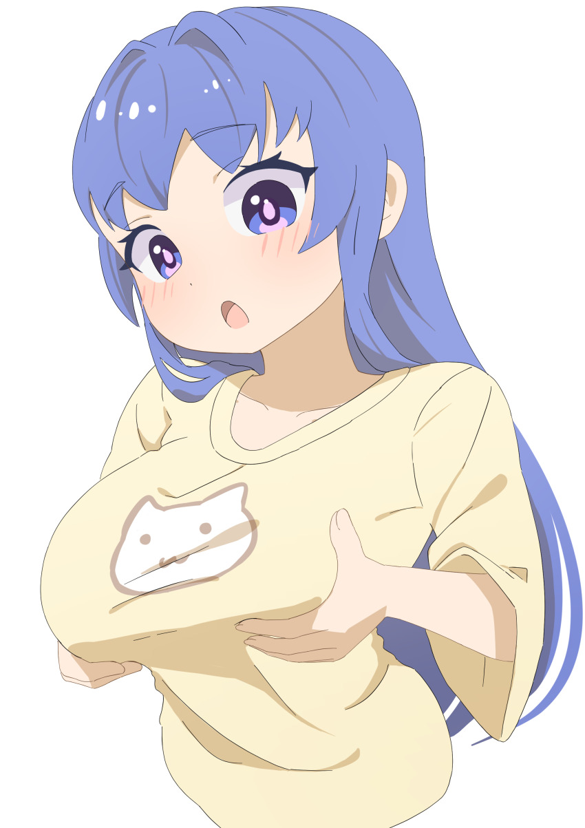 1girl absurdres animal_print blue_hair blush breasts cat_print commentary_request curious grabbing_own_breast highres kumacy_0 large_breasts long_hair looking_at_breasts multicolored_eyes open_mouth original pink_pupils shirt simple_background solo upper_body white_background yellow_shirt