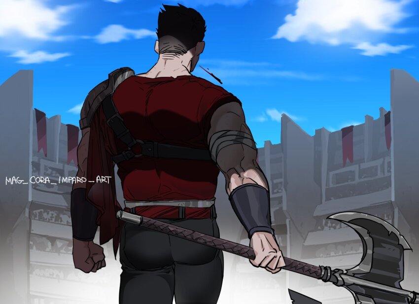 1boy armor artist_name axe back bandaged_arm bandages black_hair blood cape cloud cloudy_sky colosseum darius_(league_of_legends) gauntlets highres holding holding_axe holding_weapon league_of_legends mag_cora_imparo male_focus muscular muscular_arms muscular_male outdoors pants shirt short_hair shoulder_armor signature single_shoulder_pad sky solo spitting spitting_blood weapon