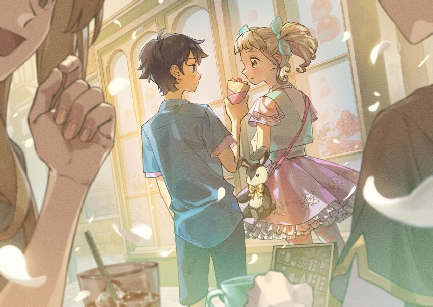 2boys 2girls absurdres animal_bag ayumi black_hair blonde_hair blue_shirt bow brown_hair closed_mouth crepe cup drink drinking_glass drinking_straw eye_contact falling_petals feeding film_grain food frills fruit hair_bow highres holding holding_crepe holding_food looking_at_another multiple_boys multiple_girls open_mouth original petals pink_skirt profile shirt short_hair skirt strawberry stuffed_animal stuffed_rabbit stuffed_toy twintails yellow_bow