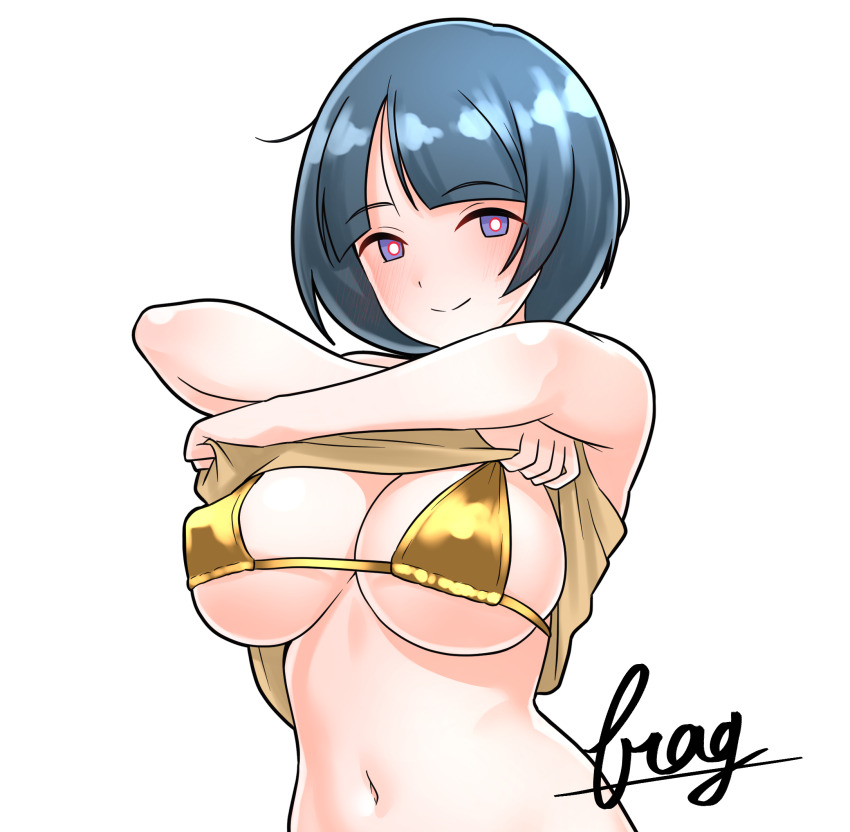 1girl artist_name bikini black_hair blue_eyes bob_cut breasts brown_shirt closed_mouth clothes_lift commentary_request covered_erect_nipples furaggu_(frag_0416) gold_bikini gundam gundam_gquuuuuux highres large_breasts lifting_own_clothes looking_at_viewer navel shiiko_sugai shirt shirt_lift short_hair simple_background smile solo stomach swimsuit undressing upper_body watermark white_background