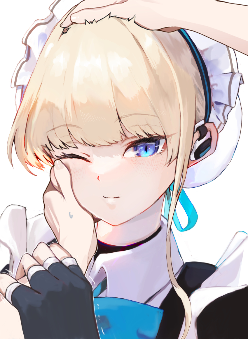 1girl absurdres apron blonde_hair blue_archive blue_eyes blue_halo bow bowtie breasts halo headpat highres koyuuuuuuuuuuu light_smile looking_at_viewer maid maid_apron maid_headdress meme one_eye_closed pov_cheek_and_head_pat_(meme) solo thighhighs toki_(blue_archive) upper_body