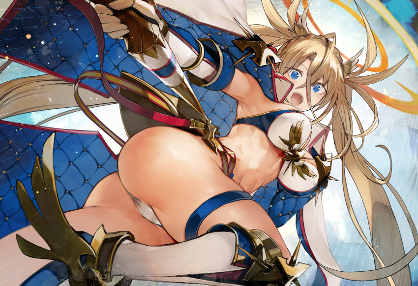 1girl armor armpits ass bikini blonde_hair blue_bikini blue_coat blue_eyes blue_gloves blush boots bradamante_(fate) bradamante_(third_ascension)_(fate) braid breasts cleavage coat coat_on_shoulders crossed_bangs crown_braid elbow_gloves fate/grand_order fate_(series) faulds gloves hair_between_eyes halo highleg highleg_bikini highres knee_boots large_breasts long_hair looking_at_viewer multicolored_bikini multicolored_coat nishiide_kengorou open_mouth scepter smile solo swimsuit thick_thighs thigh_strap thighs twintails two-tone_bikini two-tone_coat two-tone_gloves very_long_hair white_bikini white_boots white_coat white_gloves