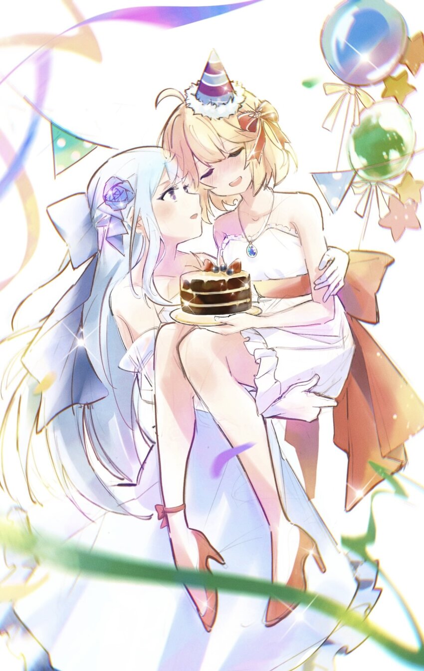 2girls anisphia_wynn_palettia balloon blonde_hair blue_hair blush cake carrying closed_eyes commentary_request dress euphyllia_magenta food gloves hair_ribbon high_heels highres holding holding_cake holding_food jewelry looking_at_another medium_hair multiple_girls necklace off-shoulder_dress off_shoulder open_mouth princess_carry purple_eyes purple_ribbon qqwan120 red_ribbon red_shoes ribbon shoes simple_background smile tensei_oujo_to_tensai_reijou_no_mahou_kakumei white_background white_dress white_gloves yuri