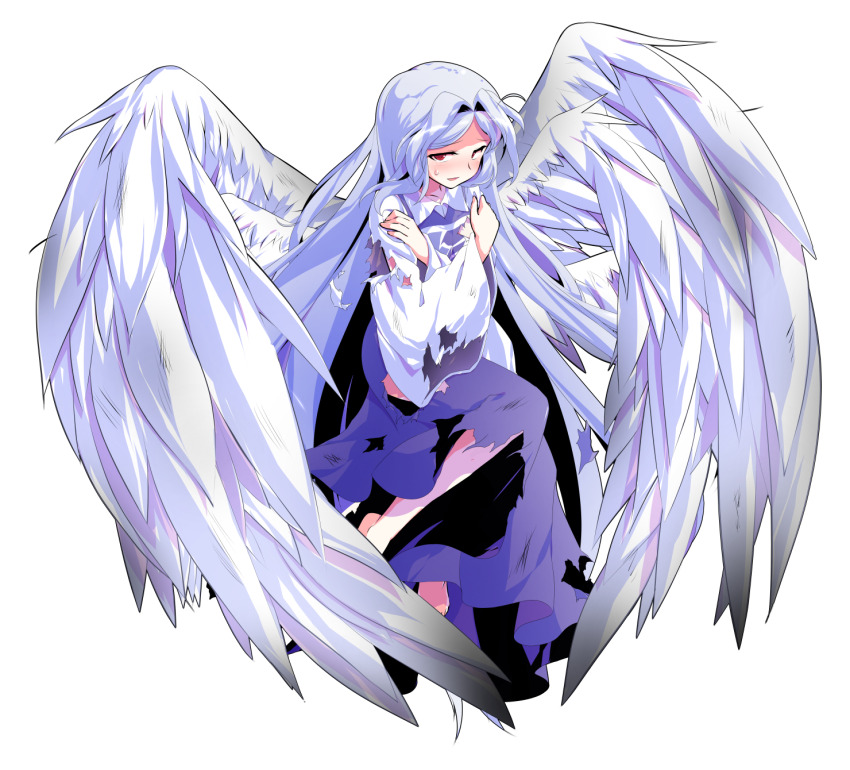 1girl alphes_(style) angel_wings arms_across_body barefoot blue_dress blue_hair blush collared_shirt commentary_request dairi dress feathered_wings full_body genderswap genderswap_(otf) hair_intakes hands_on_own_shoulders highres large_variant_set long_dress long_hair long_sleeves looking_at_viewer multiple_wings open_mouth parody red_eyes sariel_(touhou) self_hug seraph shirt simple_background solo style_parody sweatdrop tachi-e torn_clothes torn_dress touhou touhou_(pc-98) transparent_background variant_set very_long_hair white_shirt white_wings wide_sleeves wings
