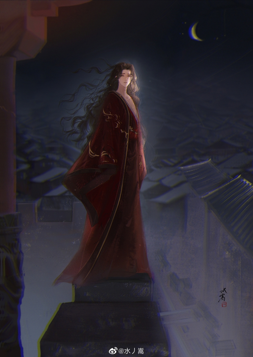 1boy absurdres architecture attempted_suicide balcony black_hair chinese_clothes chinese_commentary chunzhanjia city coat code:_kite crescent_moon crying crying_with_eyes_open curtained_hair east_asian_architecture full_body hair_tubes hanfu highres liu_bian long_hair long_sleeves looking_at_viewer looking_to_the_side male_focus moon night on_railing open_clothes open_coat parted_bangs parted_lips pillar railing red_coat red_robe robe solo standing tears watermark wavy_hair weibo_watermark wind yellow_eyes