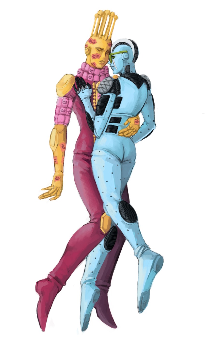 antennae arm_around_waist full_body highres jacqueline_leon jojo_no_kimyou_na_bouken kiss_(stand) simple_background stand_(jojo) stone_free stone_ocean visor white_background