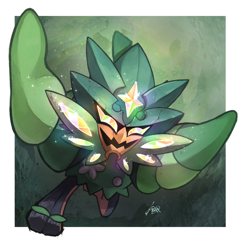 border commentary_request full_body glowing green_background highres leg_up mask nintendo ogerpon pokemon pokemon_(creature) signature solo warabimoti168 white_border