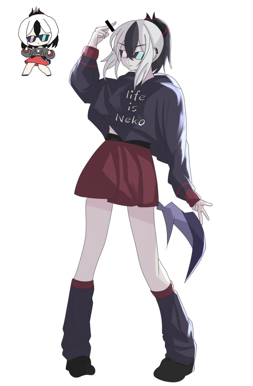 1girl alternate_costume blue_archive censored demon_girl demon_horns demon_wings ear_piercing english_text highres hood hoodie horns kayoko_(blue_archive) middle_finger multicolored_hair piercing red_skirt shi_draco simple_background skirt sunglasses v white_background wings