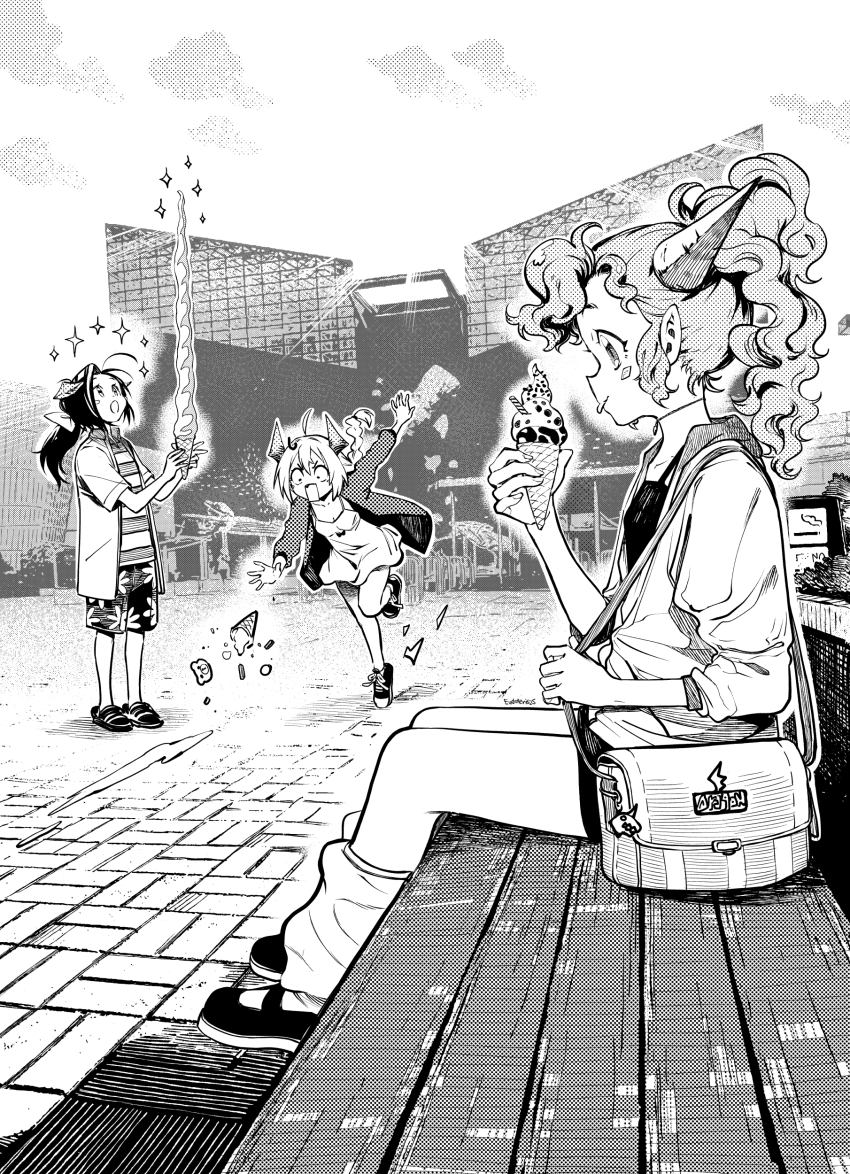 3girls :o absurdres ahoge awestruck bag bow braid building cardigan commentary_request converse curly_hair dithering dress eudetenis floral_print floral_print_shorts greyscale hair_bow highres holding holding_ice_cream_cone hood hooded_jacket horns ice_cream_cone imminent_eating jacket leg_warmers long_hair long_sleeves monochrome multiple_girls on_bench open_cardigan open_clothes open_jacket open_mouth open_shirt original outdoors pointy_ears ponytail print_shorts rectangular_mouth sandals sanpaku shirt short_dress short_shorts short_sleeves shorts shoulder_bag single_braid sitting sleeveless sleeveless_dress slice_of_life sparkle spilling standing striped_clothes striped_shirt surprised sweatdrop tongue tongue_out tripping v-shaped_eyebrows