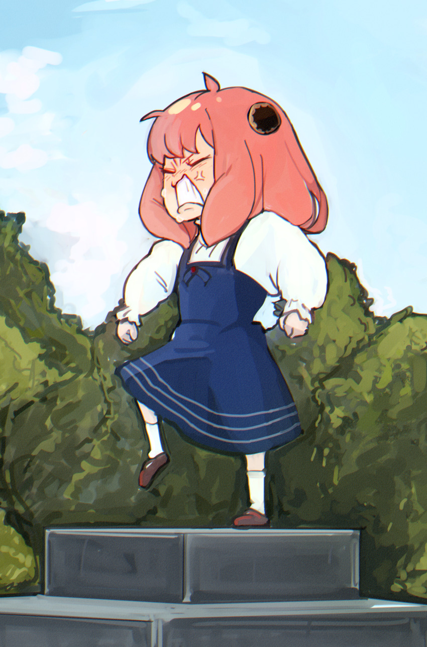 1girl anger_vein anya_(spy_x_family) blue_dress blue_sky child clenched_teeth closed_eyes commentary dress full_body hairpods higemu highres long_sleeves medium_hair pink_hair puffy_long_sleeves puffy_sleeves sky solo spy_x_family tantrum teeth
