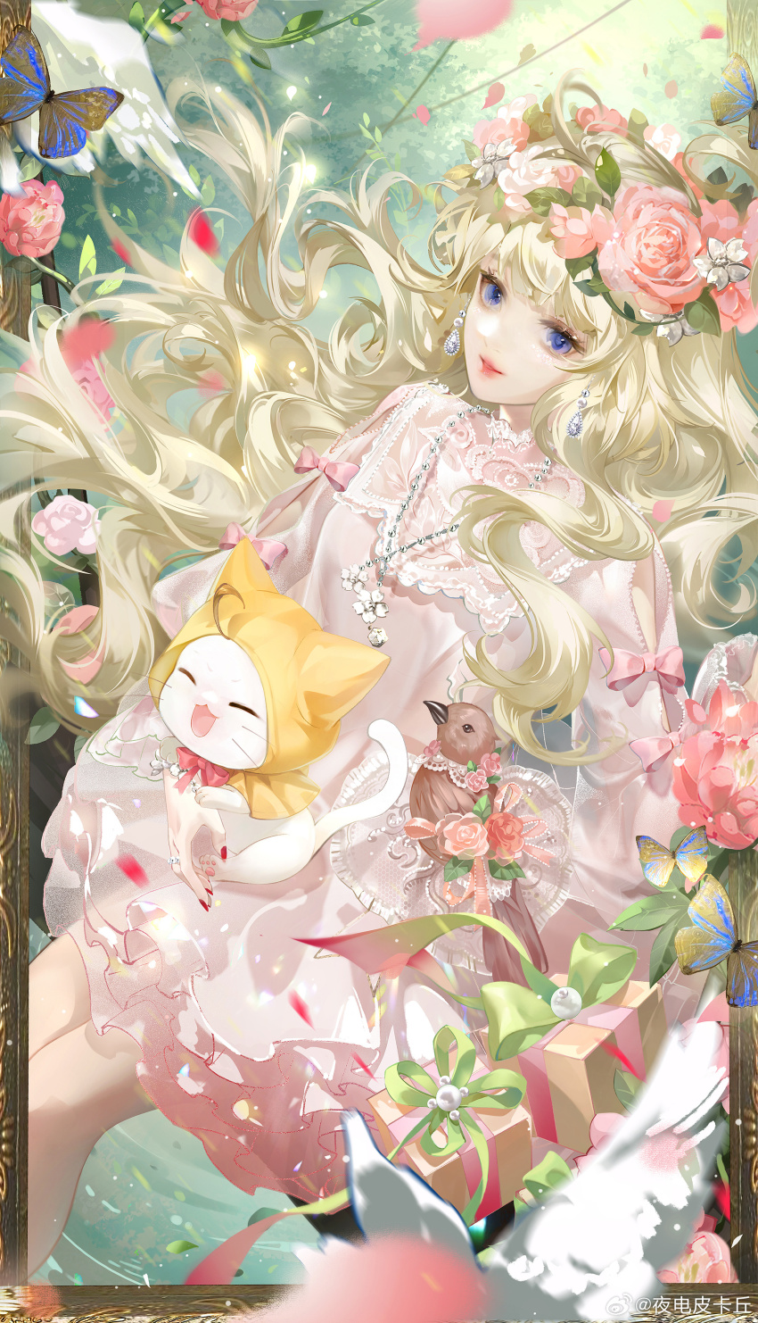 1girl ^_^ absurdres ahoge animal animal_on_lap bird blonde_hair blue_eyes bow bowtie bug butterfly cat cat_on_lap character_request chinese_commentary cloak closed_eyes clothed_animal commentary_request day dove dress ear_covers earrings eyelashes feet_out_of_frame floating_clothes floating_hair flower forest frilled_dress frills gift happy head_wreath highres hood hood_up hooded_cloak insect jewelry light_particles lipstick long_hair long_sleeves looking_ahead makeup medium_dress miracle_nikki momo_(nikki) nature necklace nikki_(series) on_lap on_swing open_mouth outdoors outside_border parted_lips petals picture_frame pink_bow pink_dress pink_flower pink_lips pink_rose plant puffy_long_sleeves puffy_sleeves red_bow red_bowtie rose rose_petals sidelocks sleeve_bow smile swing very_long_hair vines watermark wavy_hair weibo_watermark whiskers white_cat white_flower white_rose ye_dian_pikaqiu yellow_cloak