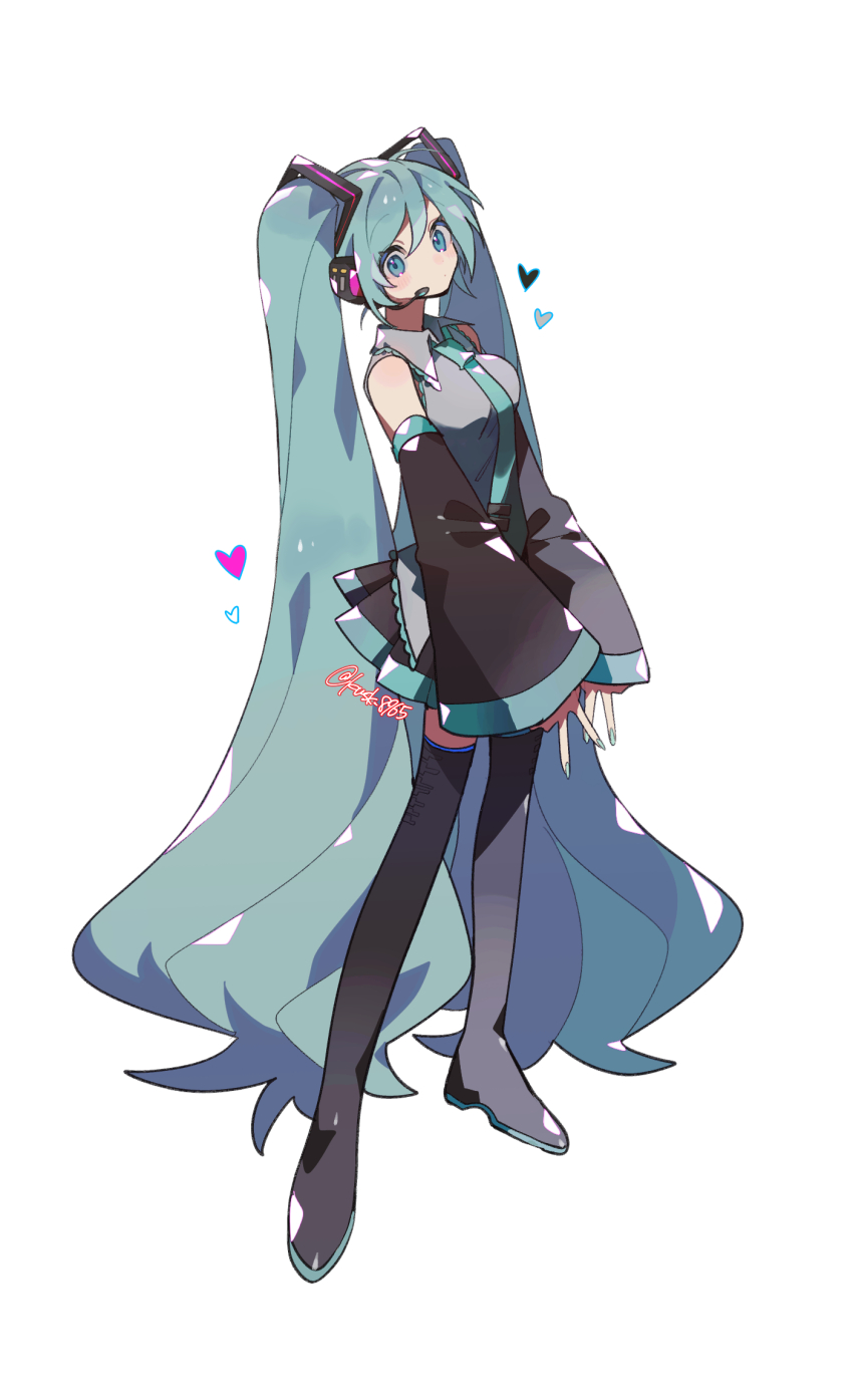1girl absurdly_long_hair aqua_eyes aqua_hair aqua_necktie bare_shoulders black_boots black_skirt black_sleeves boots closed_mouth commentary detached_sleeves dot_mouth full_body grey_shirt hatsune_miku headset heart highres kawasaki_(kwsk_8765) long_hair looking_at_viewer necktie shirt simple_background skirt sleeveless sleeveless_shirt solo symbol-only_commentary thigh_boots thighhighs twintails twitter_username very_long_hair vocaloid white_background