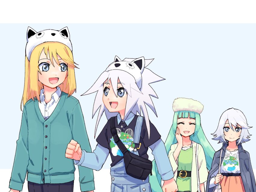2boys 2girls alternate_costume animal_hat azuma_yukihiko blonde_hair blue_eyes brother_and_sister cat_hat genius_sage green_hair grey_eyes grey_hair hat highres jewelry long_hair long_sleeves looking_at_another male_focus martel_(tales) medium_hair mithos_yggdrasill multiple_boys multiple_girls raine_sage ring siblings tales_of_(series) tales_of_symphonia trap white_hair