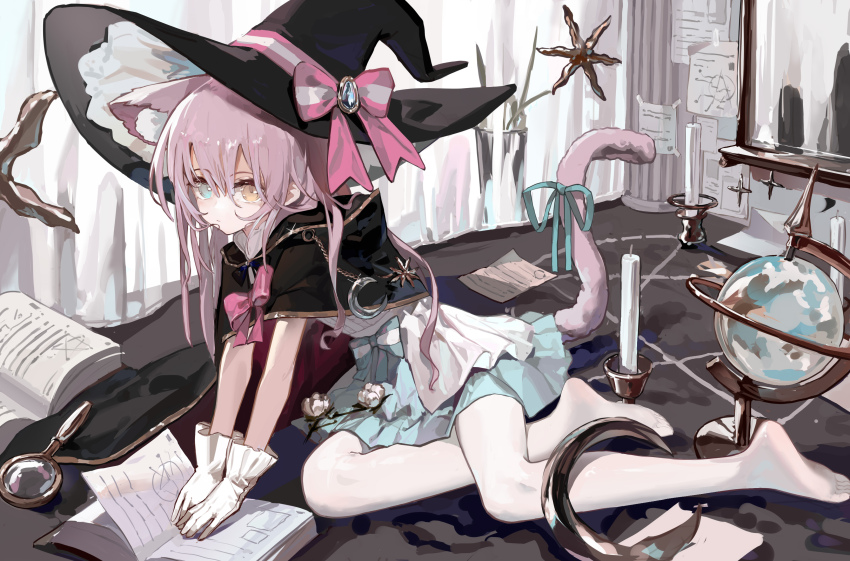 1girl absurdres animal_ears black_cape black_hat blue_eyes blue_skirt book cape cat_ears cat_girl cat_tail chinese_commentary closed_mouth commentary_request curtains gloves hat heterochromia highres indoors kele_mimi magnifying_glass miniskirt no_shoes original pantyhose pink_hair pleated_skirt skirt soles solo tail toes white_gloves white_pantyhose witch_hat yellow_eyes