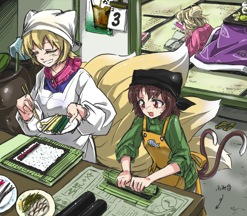 3girls alternate_costume alternate_hairstyle apron black_headscarf bleach blonde_hair brown_eyes brown_hair calendar_(object) cat_tail chen closed_eyes cooking ehoumaki female_focus food fox_tail ginjou_kuugo green_shirt hair_bun headscarf highres indoors izuna_nie kitchen kotatsu lying makisu makizushi multiple_girls multiple_tails nekomata newspaper on_stomach open_mouth poster_(object) reading red_eyes ribbed_sweater setsubun shirt short_hair single_hair_bun sleeves_rolled_up slice_of_life smile sushi sweater table tail touhou white_headscarf yakumo_ran yakumo_yukari