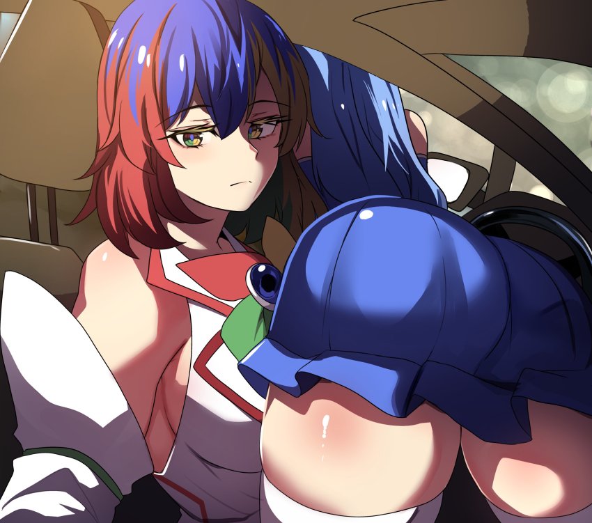 2girls ass bare_shoulders blonde_hair blue_hair blue_skirt breasts car car_interior closed_mouth detached_sleeves expressionless google google_chrome google_chrome_(merryweather) green_eyes green_hair hair_between_eyes he_wants_to_order_(meme) highres hinghoi internet_explorer internet_explorer_(merryweather) internet_explorer_(webcomic) long_hair long_sleeves looking_at_viewer medium_breasts meme merryweather microsoft miniskirt motor_vehicle multicolored_eyes multicolored_hair multiple_girls personification product_girl rear-view_mirror red_eyes red_hair seat shadow shiny_clothes shiny_skin shirt short_hair sideboob skirt sleeveless sleeveless_shirt steering_wheel thighhighs tight_clothes vehicle_interior white_shirt yellow_eyes zettai_ryouiki