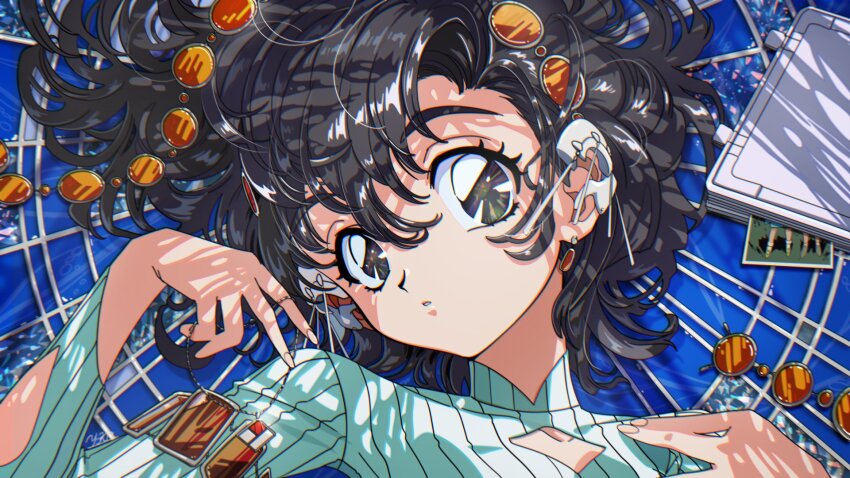 1990s_(style) 1girl black_eyes black_hair chain clothing_cutout ear_covers earrings fingernails hair_between_eyes highres jewelry looking_at_viewer lying on_back original photo_(object) retro_artstyle short_hair sparkle sparkling_eyes stained_glass yo-co