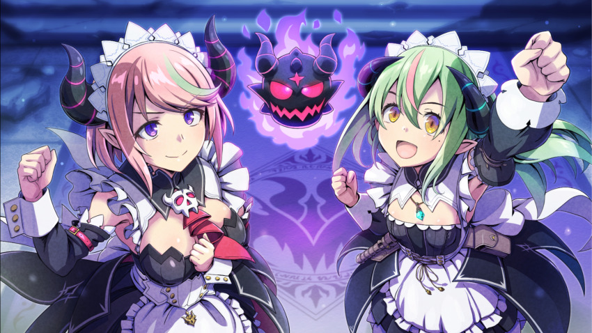 2girls arm_between_breasts arm_up between_breasts black_dress breasts cleavage clenched_hands cowboy_shot demon_girl demon_horns demon_lord_maxim_(galgun) dress floating_skull gal_guardians gal_gun_(series) game_screenshot green_hair highres horns jewelry kirika_(galgun) long_hair maid maid_headdress masha_(galgun) mole mole_under_eye multicolored_hair multiple_girls non-web_source official_art pendant pink_hair pointy_ears ringed_eyes short_hair smile streaked_hair two-tone_hair