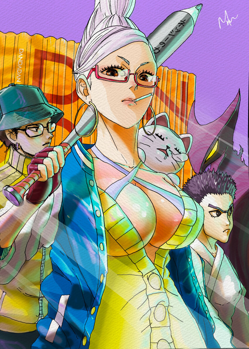 absurdres alternate_form ayase_seiko baseball_bat beehive_hairdo breasts bucket_hat cat cigarette d_design_oku dandadan drooling earrings hat highres holding holding_baseball_bat hoop_earrings jewelry kashimoto_(dandadan) looking_at_viewer maneki-neko manjiro_(dandadan) mature_female metal_baseball_bat multiple_boys nose_bubble payase_(dandadan) red-framed_eyewear semi-rimless_eyewear sleeping smoking tall_hair transformation turbo_granny_(dandadan) unibrow