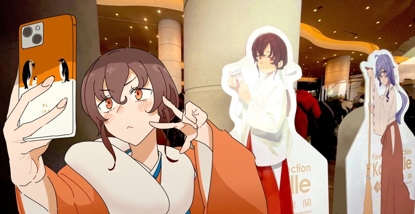 1girl :&lt; absurdres anotsugini_kuruji bird brown_hair cardboard_cutout cellphone closed_mouth commentary_request gotland_(kancolle) hair_between_eyes highres holding holding_phone indoors japanese_clothes kantai_collection kimono orange_eyes orange_kimono penguin phone photo_background selfie smartphone smartphone_case souya_(kancolle) souya_agb_(kancolle) souya_agb_(new_year)_(kancolle) upper_body v w wide_sleeves